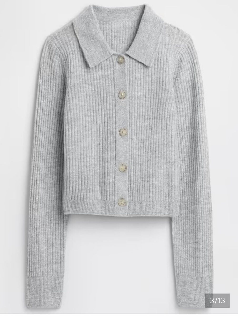 GAP Gray Fitted Button-Front Ribbed Collared Cardigan Sweater - Picture 3 of 8